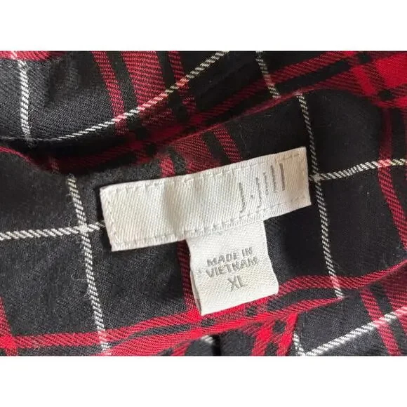 J Jill Button Down Flannel Tunic Shirt Sz XL Mixed Plaid Red Black Curved Hem - Picture 3 of 7